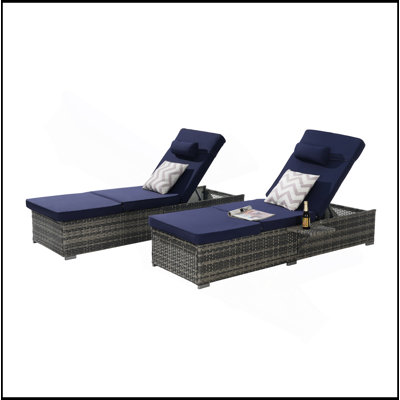 Ensemble de 2 chaises longues d'extérieur avec chaises de piscine de patio pour le rangement, chaises longues de bronzage pour l'extérieur, fauteuils inclinables en rotin de plage avec dossier réglable, table, coussin pour le jardin près de la piscine