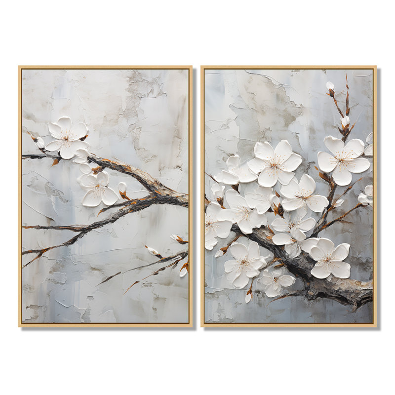 Fleur de cerisier blanc et gris minimaliste, 36" H x 48" W, Impression encadrée flottante, Cream
