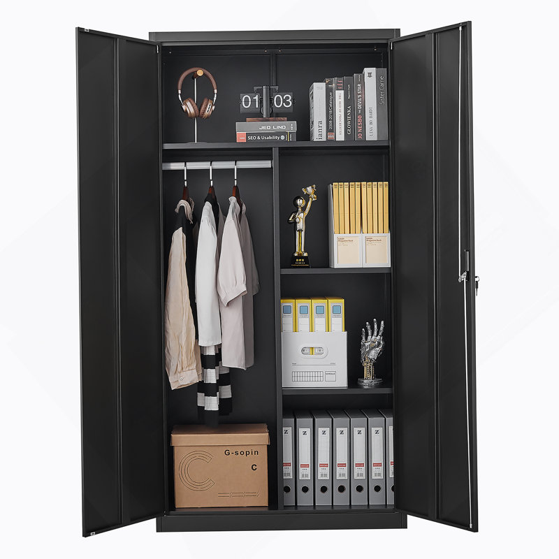 Metal Wardrobe With Hanging Rod And Compartments, Lockable Closet With Locks And Keys For Bedroom, Living Room And Laundry Room