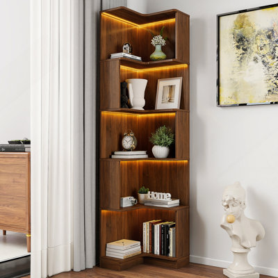 Corner Book Shelf - 5 Tier Corner Bookshelf  Bookcase With Baffle, Freestanding L Shaped Display Shelf Stand With Led Lights For Home Office, Living Room, Bedroom, Kitchen