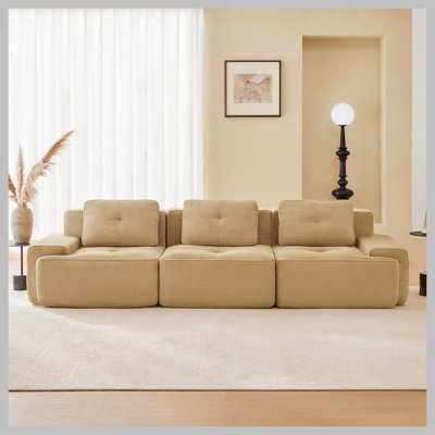 117" Modern Modular Sectional Sofa for Living Room, Corduroy Fabric,Oversized 3-Seater Couch with Deep Seat, Pearl-like piping, Tufted Design,Buckle connection,No Assembly,Anti-slip Design,Camel