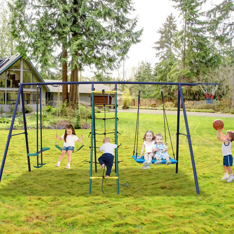 Balançoire multicolore en acier 6 en 1 avec grimpeur, filet, balancelle, balançoire, cerceau pour cour arrière - support stable, cordes réglables et cerceau d'aventure en plein air à installation simple, cadre sécuritaire
