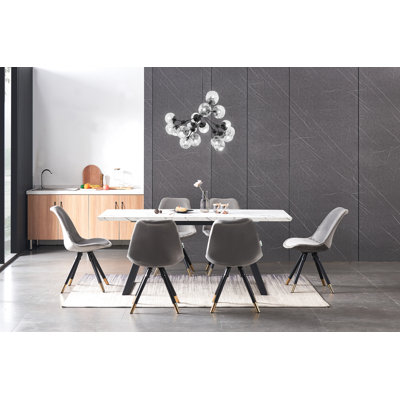 Grizelda 6 Person Dining set - a Rectangular Extendable Dining Table with Metal Legs and a Set of 6 Quilted Velvet Dining Chairs for Dining Room - Modern Dining Table Set
