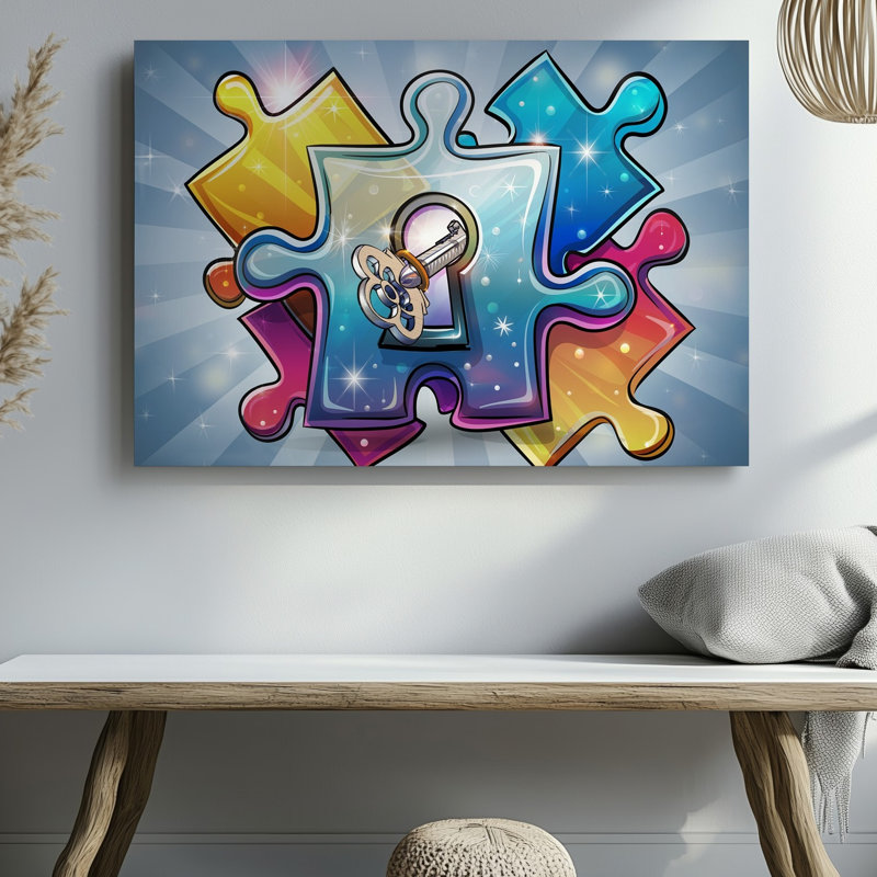 Toile, une illustration abstraite vibrante avec une grande pièce de casse-tête translucide au centre conçue de manière complexe avec un art mural sur toile