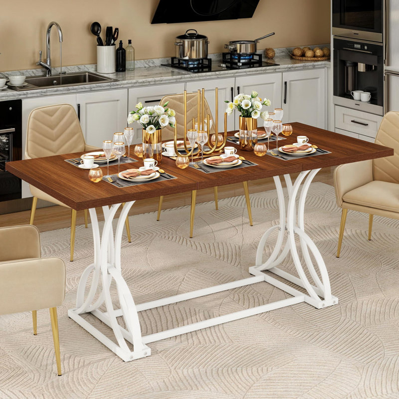 Tyshianna 70.3'' Rectangular Dining Table with Metal Base, Brown/White