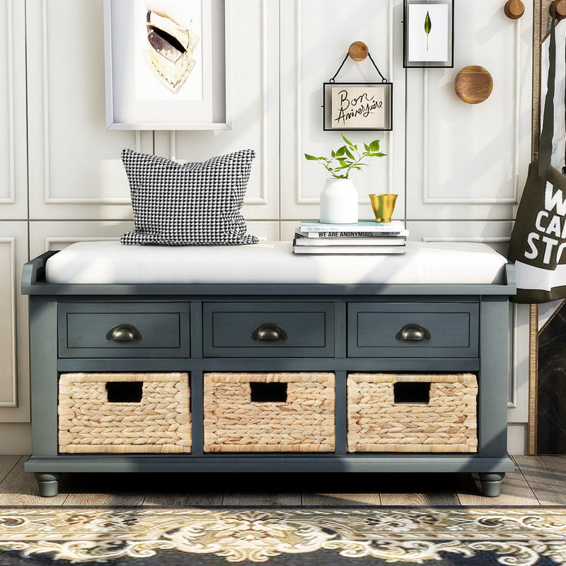 Fluker Rustic Storage Bench with 3 Drawers and 3 Rattan Baskets, Shoe Bench for Living Room, Entryway, Antique Navy