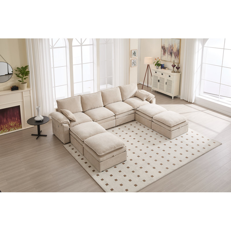 Canapé modulaire en chenille de 130 po à 4 places avec quatre repose-pieds, Chenille beige