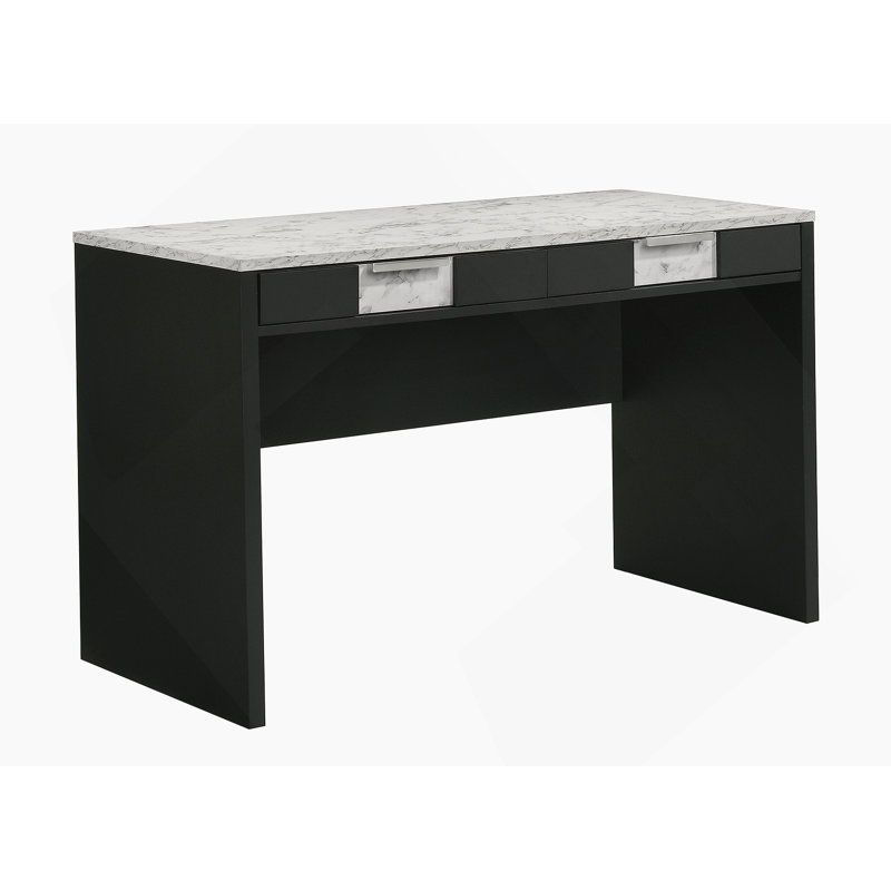 Meuble de bureau 1pc moderne avec base noire et rangement en marbre, Blanc/Noir