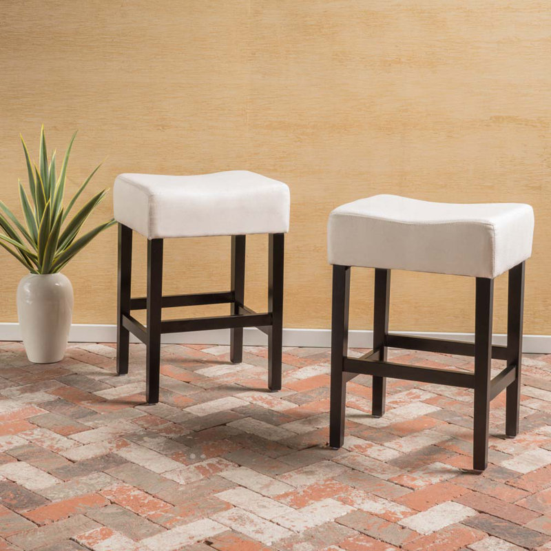 Fabric Upholstered Wood Bar stools Set with No Back, Beige