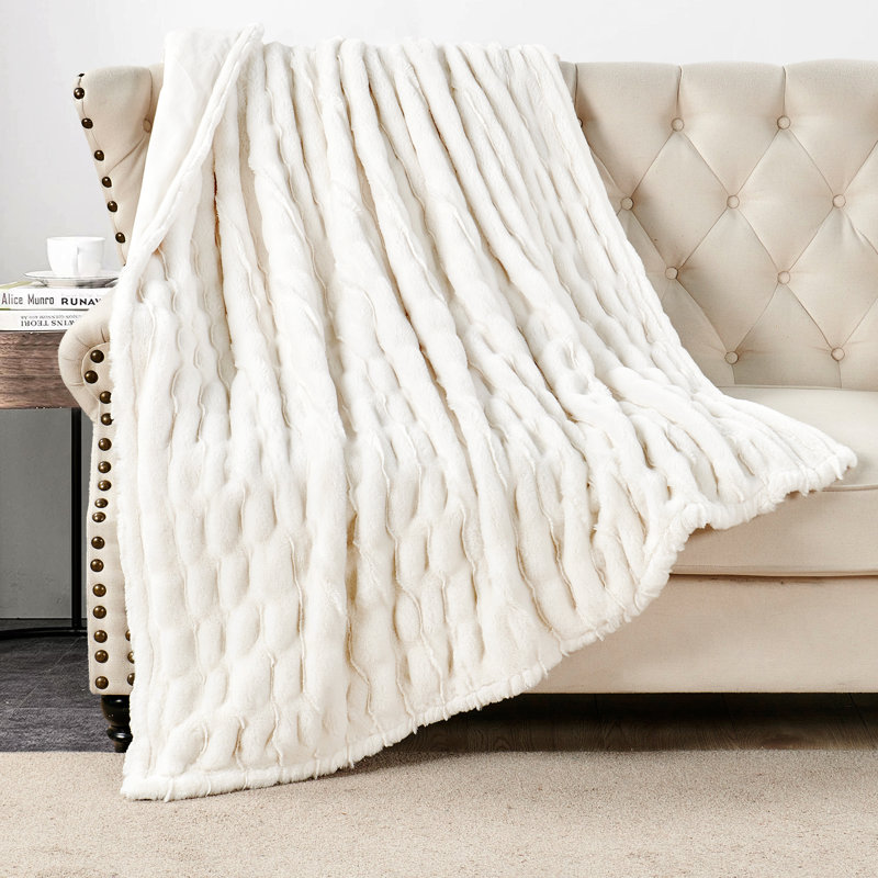  Jeté en fausse fourrure extensible, Blanc, L 50 po x L 60 po
