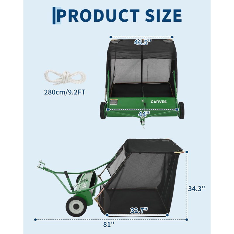 Balayeuse de 44 pouces derrière la pelouse, ramasseuse de feuilles et d'herbe en acier au carbone de 29 pi cu avec sac, outil de nettoyage de la cour arrière pour tondeuse, vert
