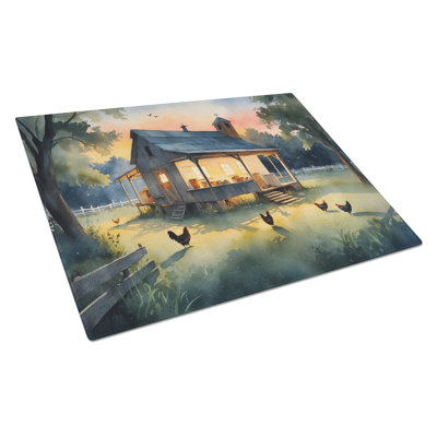 Chicken Coop at Dawn Glass Cutting Board