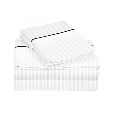 400TC Single Embroidery Sateen Stripe Cotton 4 Piece Sheet Set Fitted Sheet Fits Upto 16" Deep Pocket