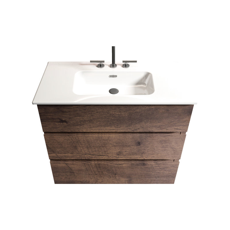 Lavabo de salle de bain 36 po en noyer - Max Storage, Silent Smooth, lavabo blanc, pré-assemblé, autoportant, sans bonde et robinet élégant