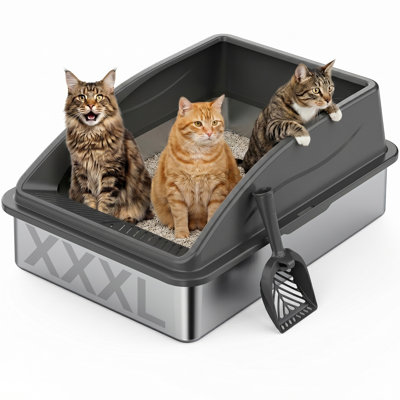 Stainless Steel Litter Box Extra Large for Big Cats and Multi-Cats | Jumbo Extra Large Metal Cat Box with High Sided Lid, Anti-Urine Leakage, Non-Stick,Include Litter Scoop