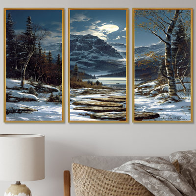 Chemin de pierre à travers la forêt de montagne d'hiver - ensemble de décoration murale forêt
