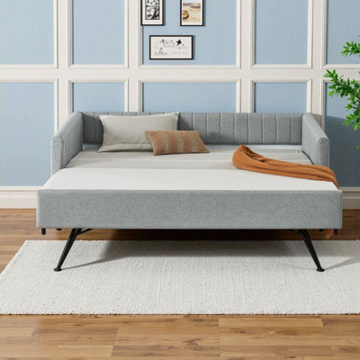 Divan-lit simple en lin gris avec lit gigogne | Canapé-lit 82,5 po de largeur, design minimaliste contemporain
