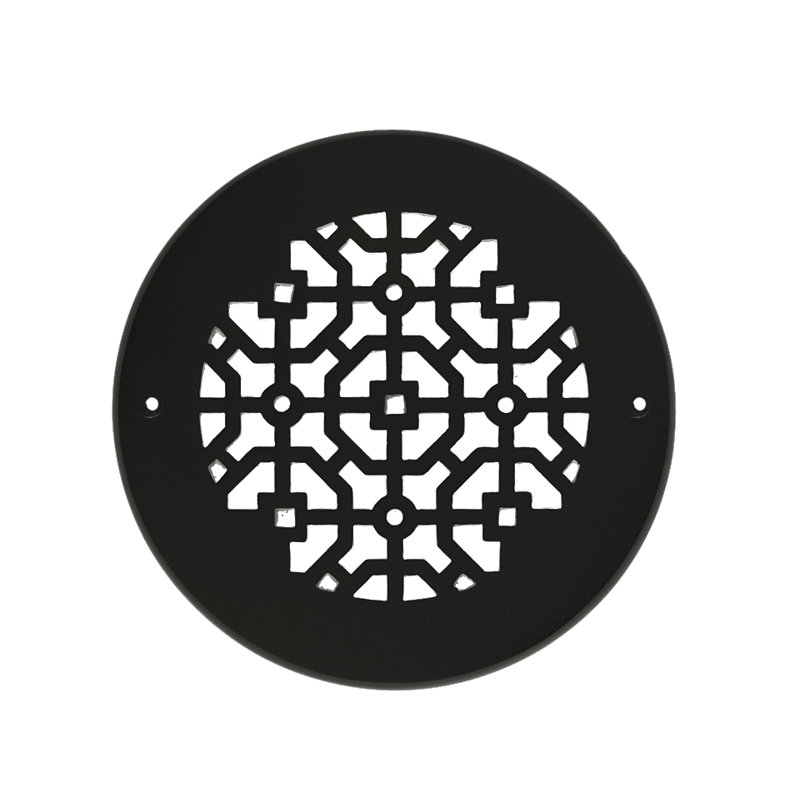 Achtek 6" Duct Solid Cast Aluminum Round Grille (7-1/2" Round Overall) Powder Coated For Floor, Black, Wall-With Screw Holes