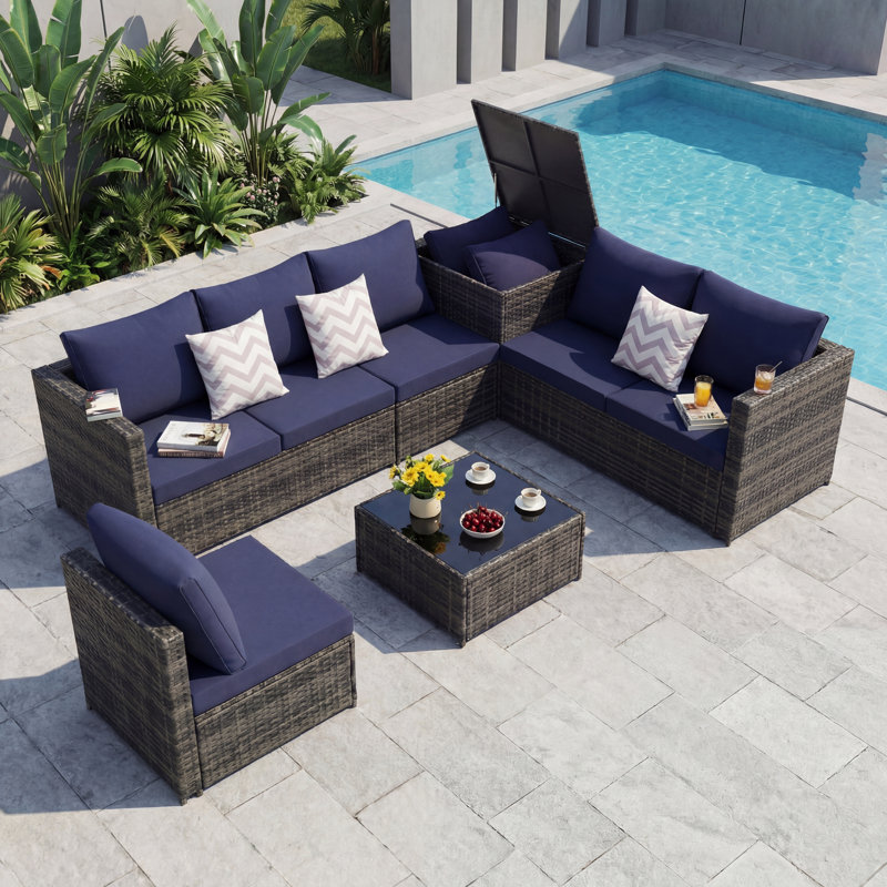 Ensemble de conversation pour canapé modulaire en osier de patio en L 6 pièces avec plateau en verre et table de coin pour piscine