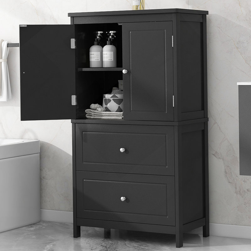Armoire de rangement pour salle de bain, armoire avec deux portes et tiroirs, tablette réglable, panneau de fibres à densité moyenne
