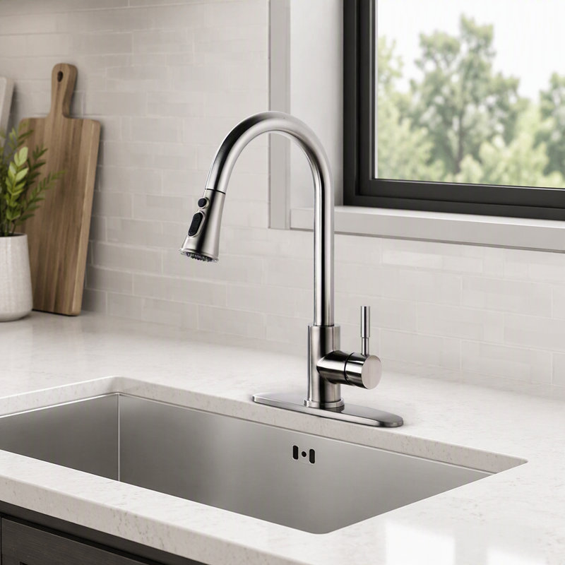 Robinet de cuisine rétractable en acier inoxydable durable avec pulvérisateur, finition nickel brossé pour les cuisines modernes