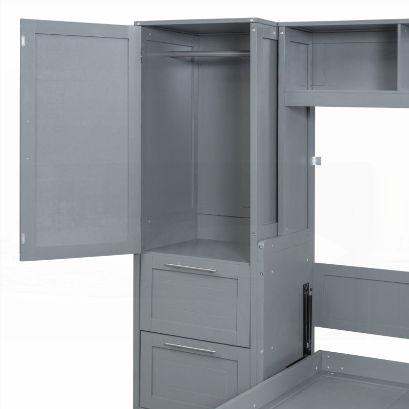 Lit escamotable double avec placard et tiroirs - Économie d'espace, gris, sans sommier