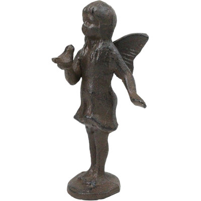 Cast Iron Small Whimsical Fairy Talking With Bird Decorative Sculpture 6.5"H