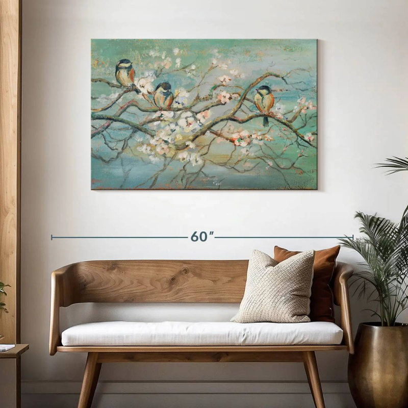 Branche de printemps avec oiseaux, H 30 po x l 45 po