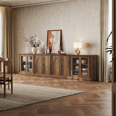 Buffet modulaire moderne Monos avec portes vitrées et placards bas à portes cintrées, noyer
