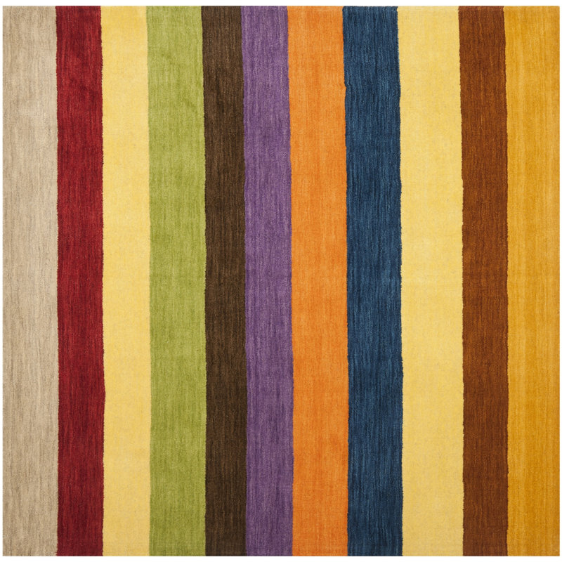 Hossain Hand Loomed Wool Striped Rug, Square 6'