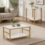 HOMcom, ensemble de 2 tables basses rectangulaires et rondes à 2 rangées avec tablettes de rangement, plateau en faux marbre et structure en acier, table d'appoint de canapé pour le salon, blanc