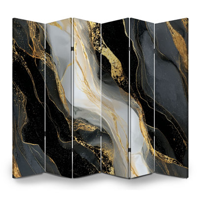 Paravent 6 panneaux à cloison pliable Royal Abstract noir gris blanc marbré or