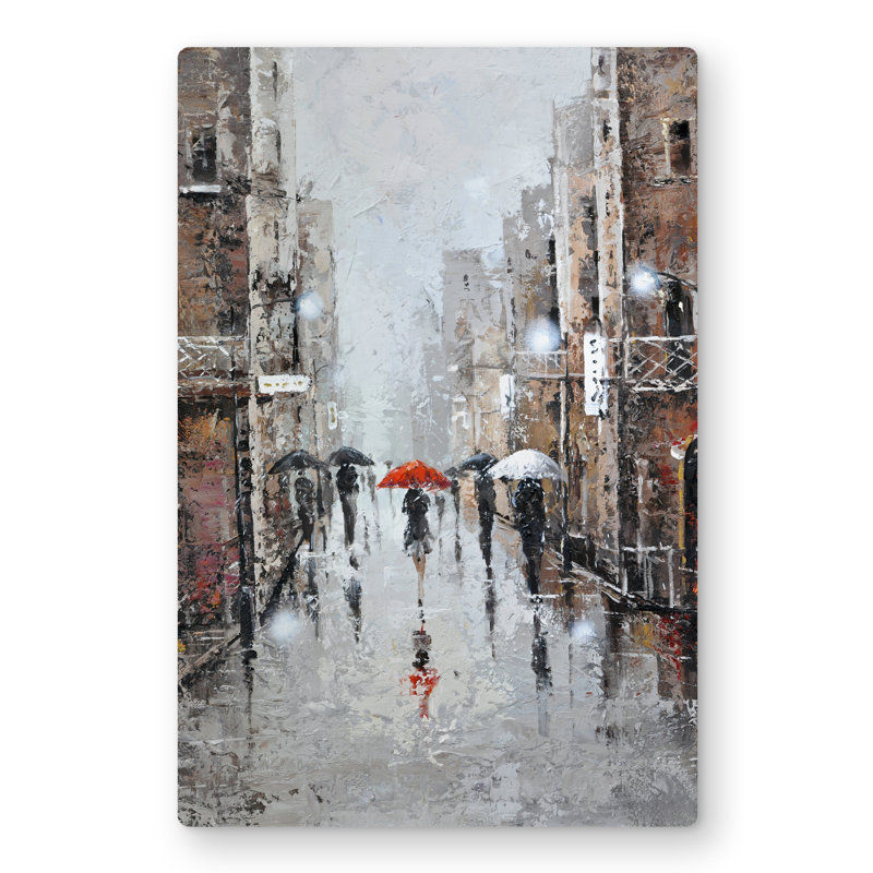 City Rain - Gray Metal Print for Street Scenery Home Decor, 18" H x 12" W