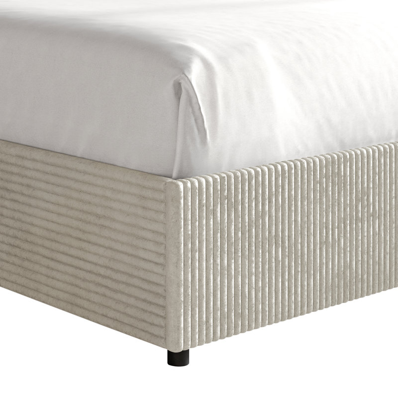 QUEEN SIZE WINGBACK PLATFORM LIFT UP STORAGE BED IN BEIGE VELVET, BEIGE, QUEEN