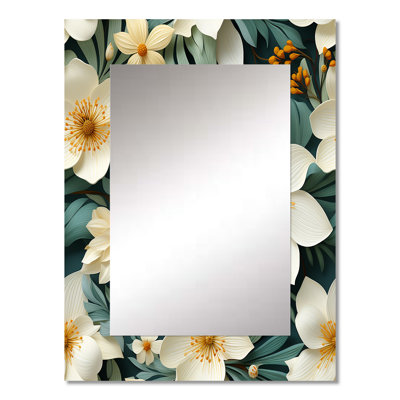 Pinson White Green Elegance Botanical Pattern - Floral Decorative Wall Mirror, Cottage Mirror, Printed Metal Art