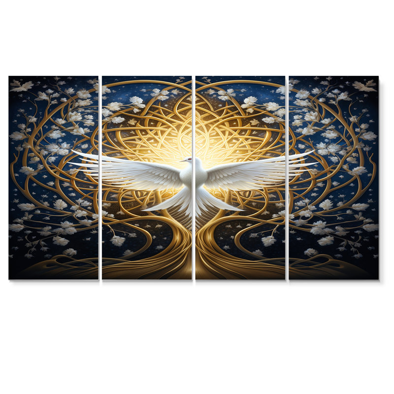 «Celestial Dove Bringing Peace» - art mural colombe pour le salon, 4 pièces, H 28 po x l 48 po