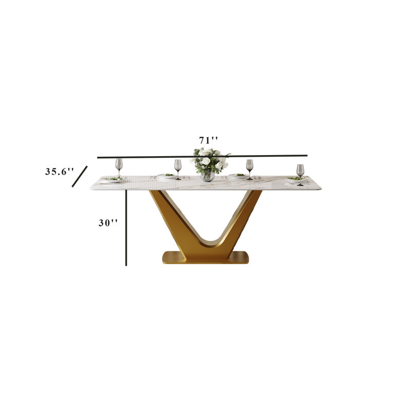 71'' Modern Rectangle Dining Table, Marble Kitchen Table with Gold Stainless Steel Base