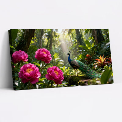 Paon et fleurs dans une forêt tropicale, reproduction d'art sur toile tendue sur toile, ensemble de 1