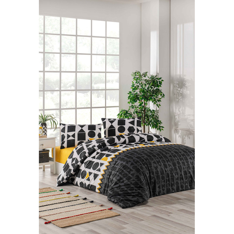 100% Cotton Ranforce Single Quilt Cover Set, Black/Yellow/White, Duvet Cover 55.1 x 78.7 inches & Pillowcase 23.6 x 23.6 inches | Machine Washable, 132 Thread Count, Button & Envelope Closure | Stylish & Comfortable Bedding Set