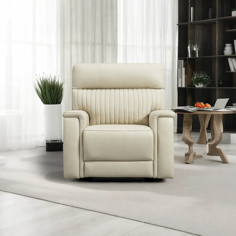 Fauteuil inclinable électrique en cuir véritable avec appui-tête réglable, Crème