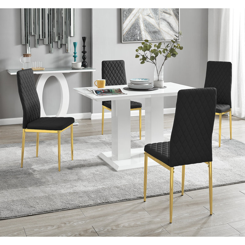 Eubanks High Gloss Double Pillar Dining Table Set with 4 Luxury Faux Leather Dining Chairs, White, Mustard/Gold