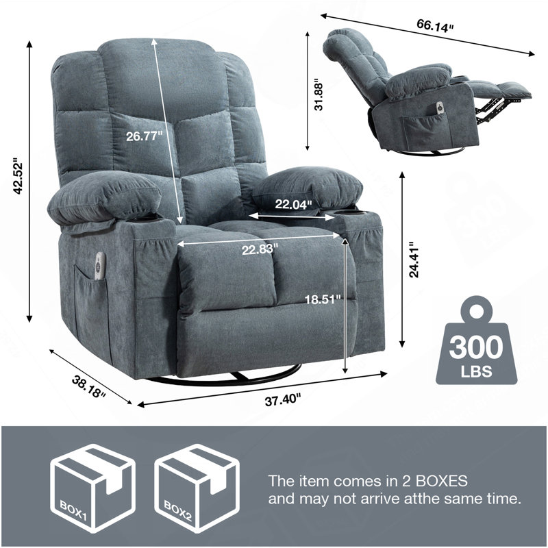 Massage Rocker Recliner Chair Rocking Chairs For Adults Oversized With 2 Cup Holders, USB Charge Port Soft Features A Manual Massage And Heat.A+B BLUE