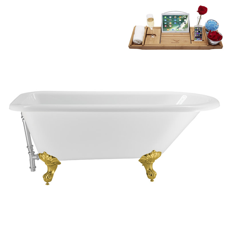 62" Streamline Clawfoot Tub,Tray,Drain, Clawfeet, Polished Gold, Polished Chrome