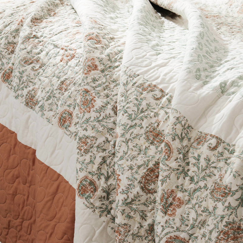 Courtepointe 6 pièces en corail réversible, coton, avec coussins décoratifs, literie double et lin, Corail