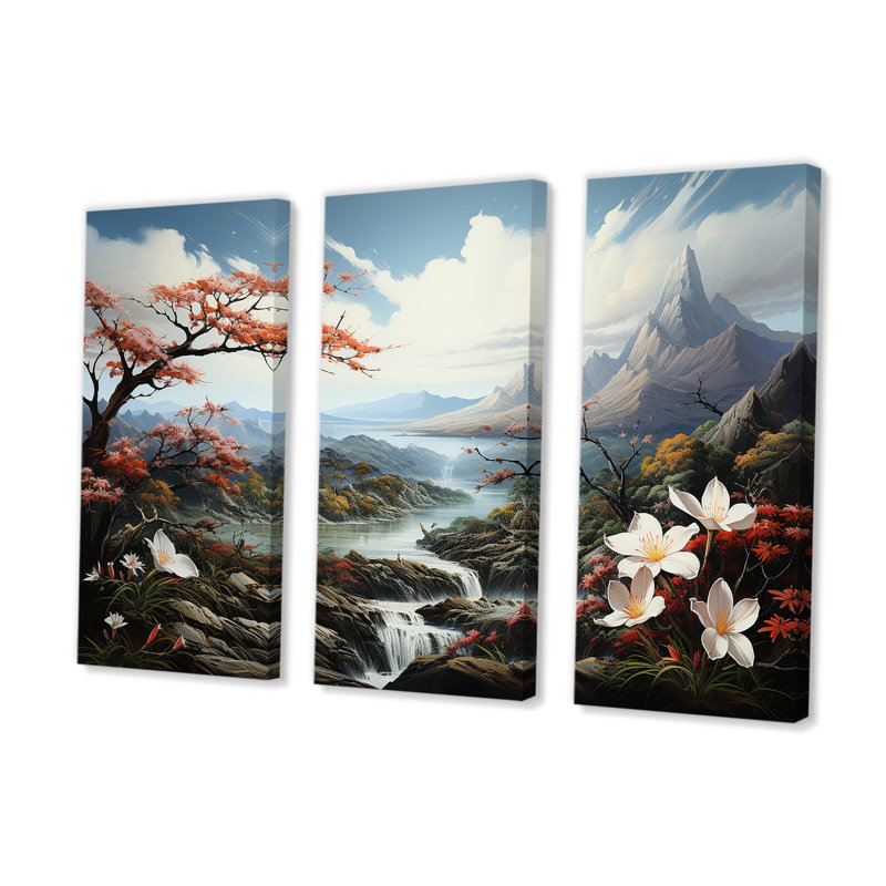 Montagne japonaise Plumeria Hill - ensemble de salon d'art mural japonais, H 32 po x l 48 po x P 1 po