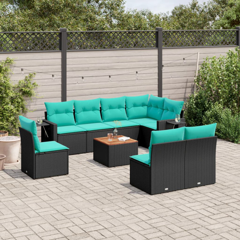  Ensemble de canapé de patio 9 pièces avec coussins en rotin de polyester noir