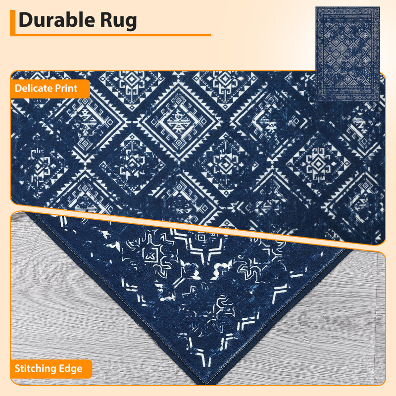 Machine  Washable Vintage Rug Non Slip Non Shedding Low Pile Rug Soft Floral Distressed Throw Floor Cover Foldable Indoor Carpet for Living Room Dining Room Bedroom Playroom Nursery