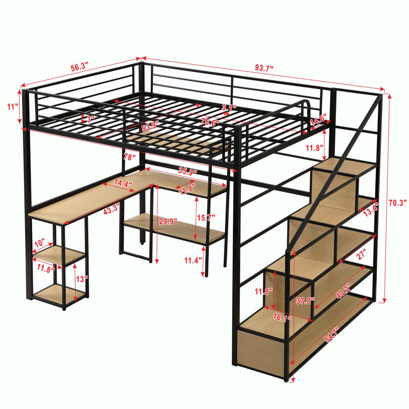 Lit en métal avec escalier, bureau intégré et tablettes de rangement Aristeo, Noir