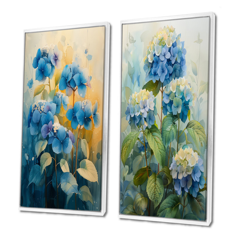 Ensemble d'hortensias muraux bleu et vert, H 28 po x l 24 po, Impression encadrée, Blanc