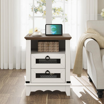 Nightstand with Charging Station, Industrial End Table with 2 Storage Drawers and Open Cubby, Rustic Mesh Drawer Sofa Side Table for Bedroom, Living R by Breakwater Bay